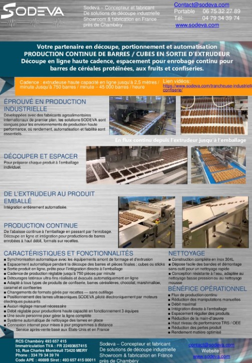 SODEVA PRODUCTION CONTINUE DE BARRES & ENROBAGE & EMBALLAGE - en sortie d'extrudeur, chocolat nougat confiserie